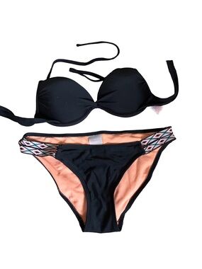 Xhilaration Black & Peach tribal Bandeau Bikini Set with Printed Side Detail